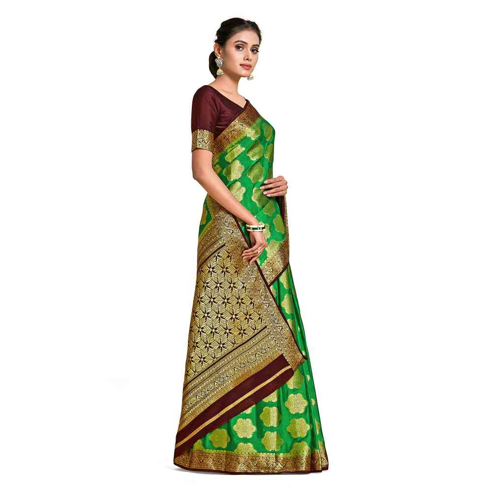 Mimosa Green Mysore Silk Style Crepe Saree  With Unstitched Blouse