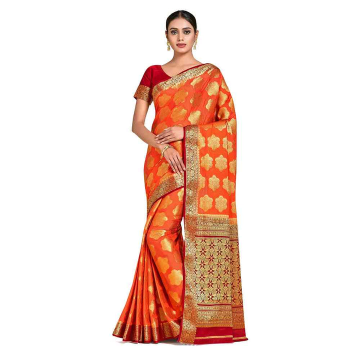 Mimosa Orange Mysore Silk Style Crepe Saree  With Unstitched Blouse