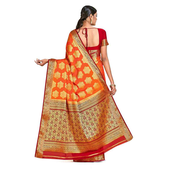 Mimosa Orange Mysore Silk Style Crepe Saree  With Unstitched Blouse