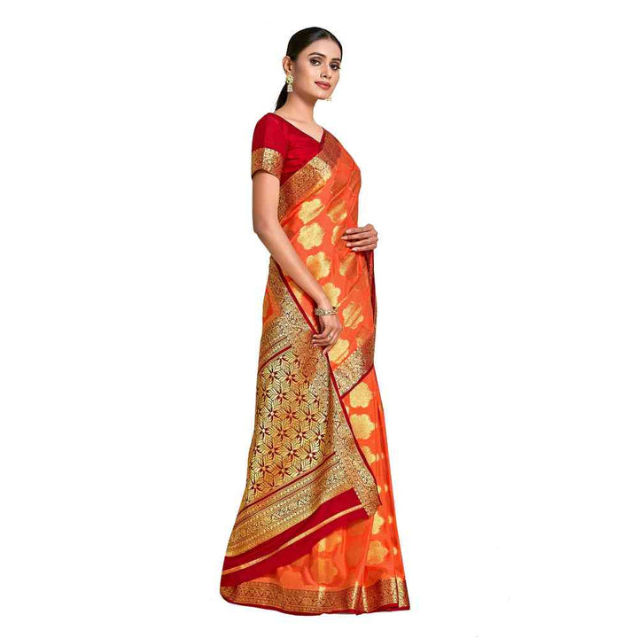 Mimosa Orange Mysore Silk Style Crepe Saree  With Unstitched Blouse