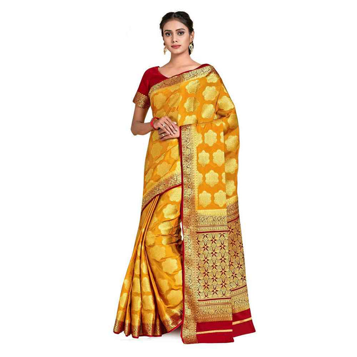 Mimosa Yellow Mysore Silk Style Crepe Saree  With Unstitched Blouse