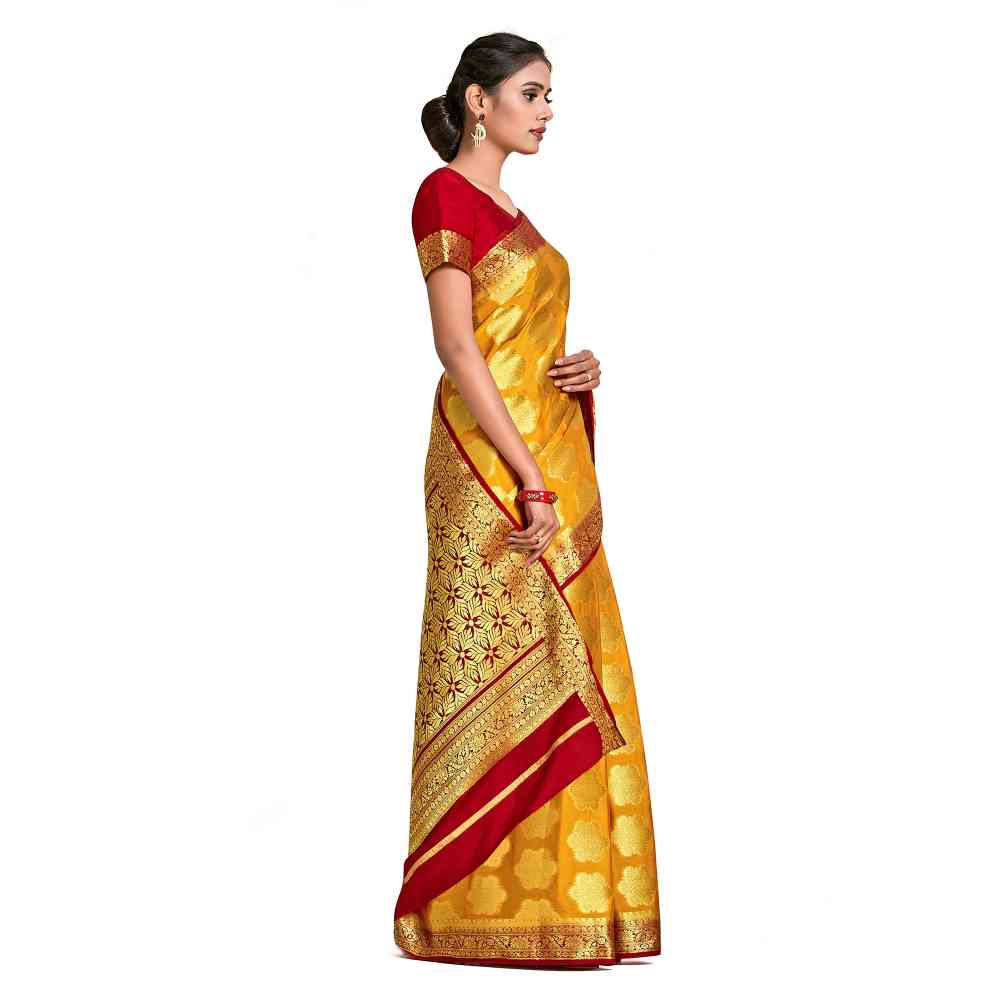 Mimosa Yellow Mysore Silk Style Crepe Saree  With Unstitched Blouse