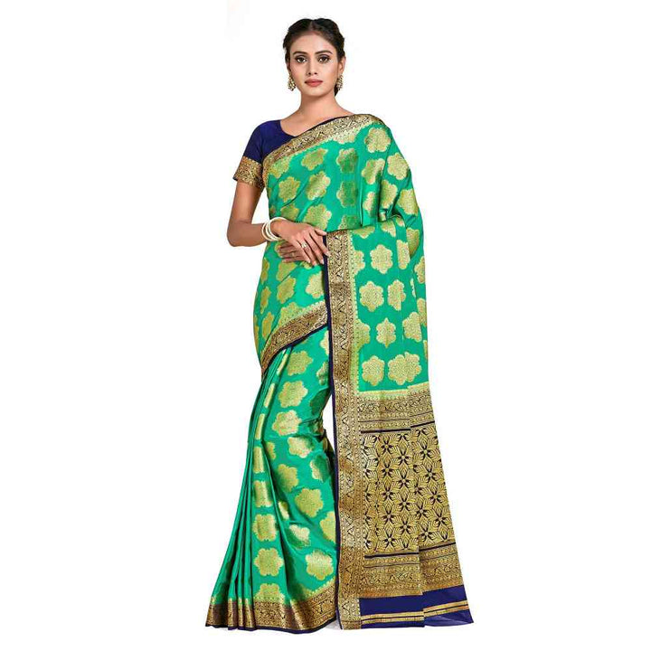 Mimosa Green Mysore Silk Style Crepe Saree  With Unstitched Blouse