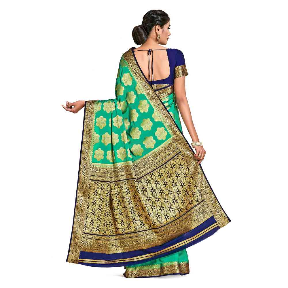 Mimosa Green Mysore Silk Style Crepe Saree  With Unstitched Blouse