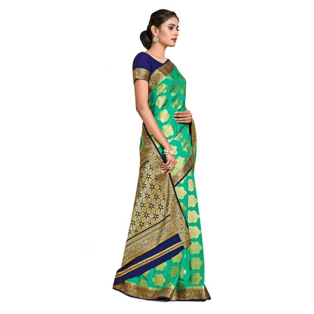 Mimosa Green Mysore Silk Style Crepe Saree  With Unstitched Blouse