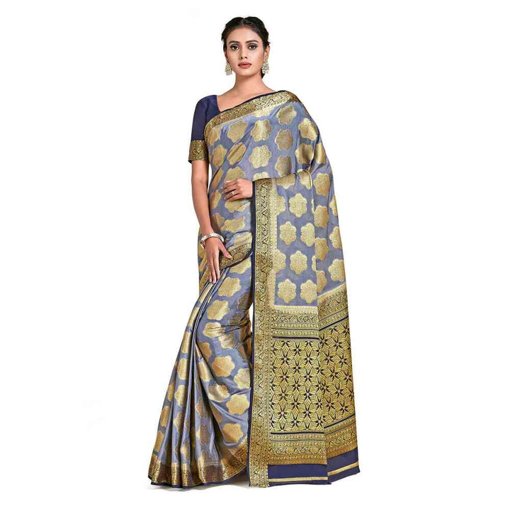 Mimosa Grey Mysore Silk Style Crepe Saree  With Unstitched Blouse