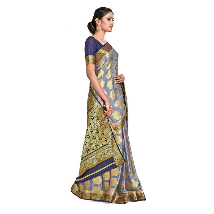 Mimosa Grey Mysore Silk Style Crepe Saree  With Unstitched Blouse