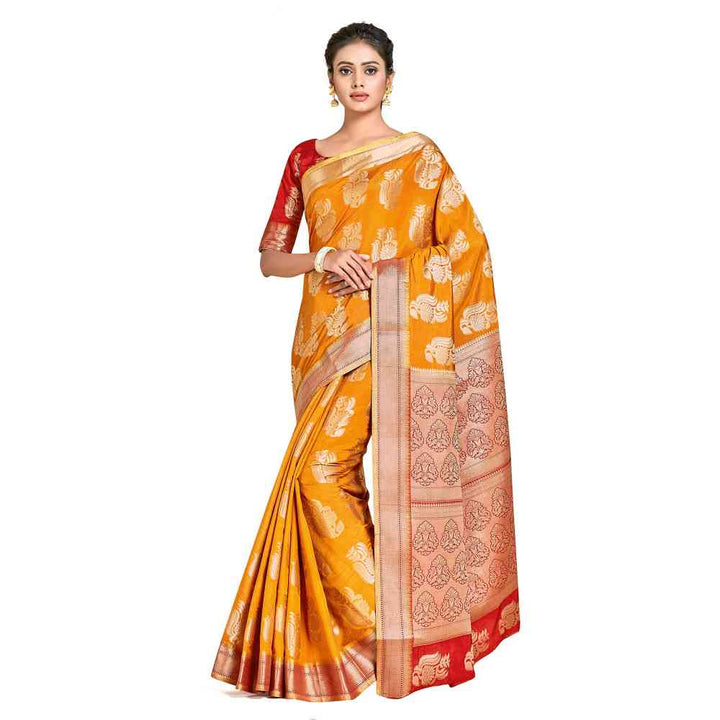 Mimosa Mustard Kanjivaram Style Art Silk Saree  With Unstitched Blouse