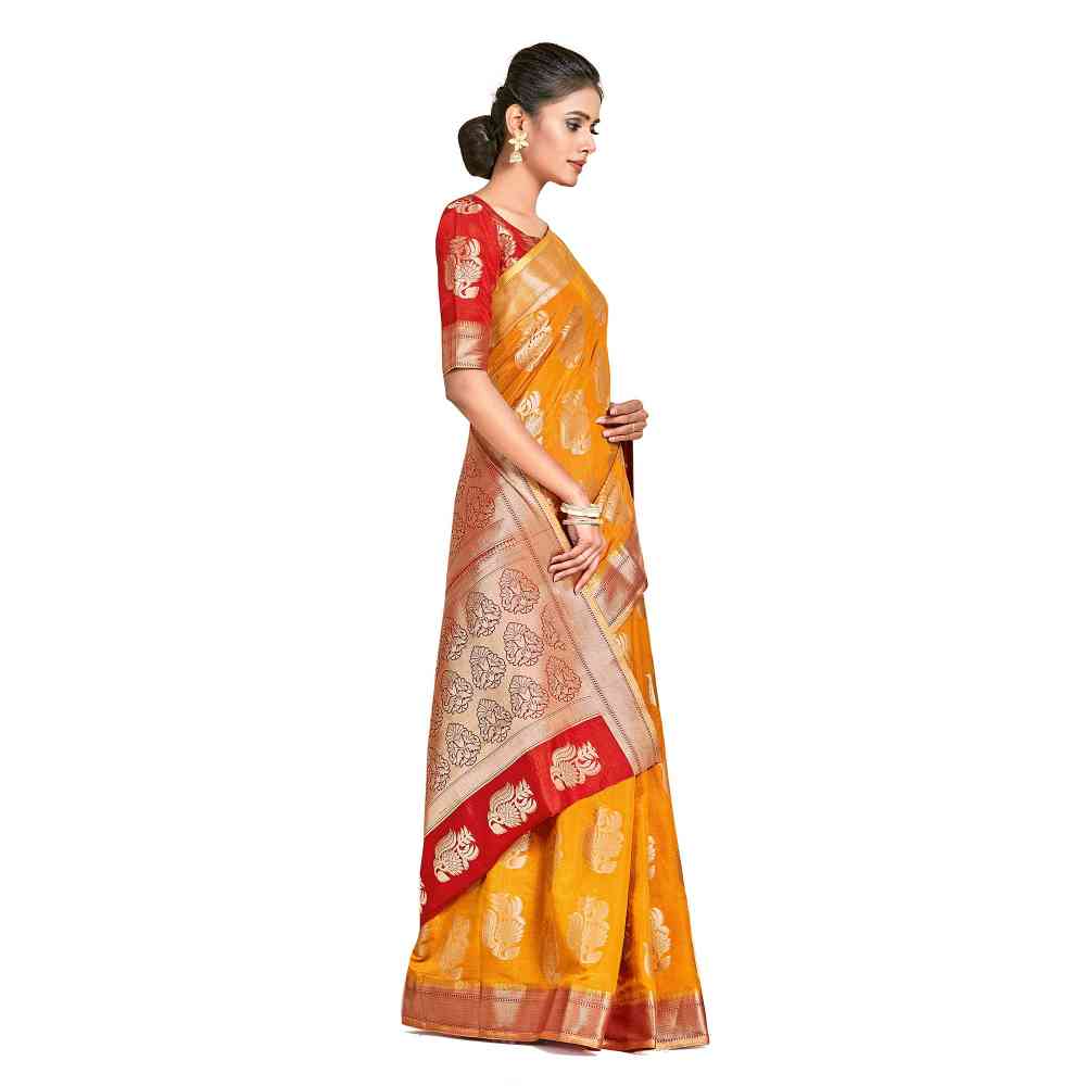 Mimosa Mustard Kanjivaram Style Art Silk Saree  With Unstitched Blouse