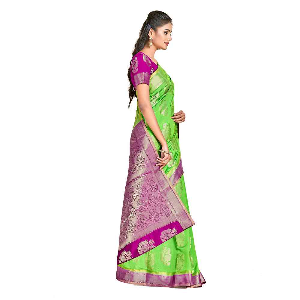 Mimosa Green Kanjivaram Style Art Silk Saree  With Unstitched Blouse