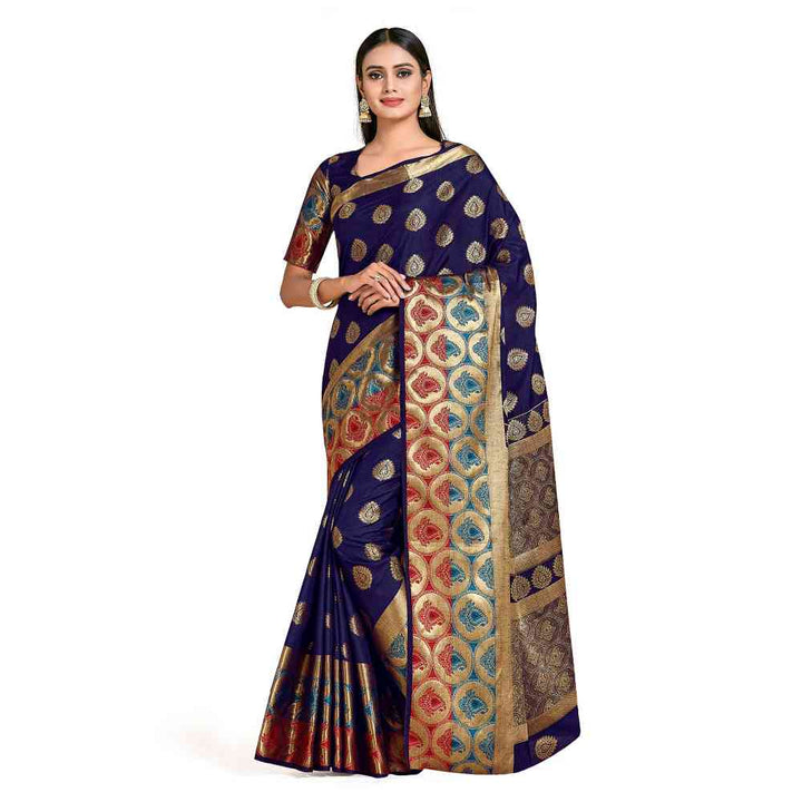 Mimosa Navy Blue Kanjivaram Style Art Silk Saree  With Unstitched Blouse