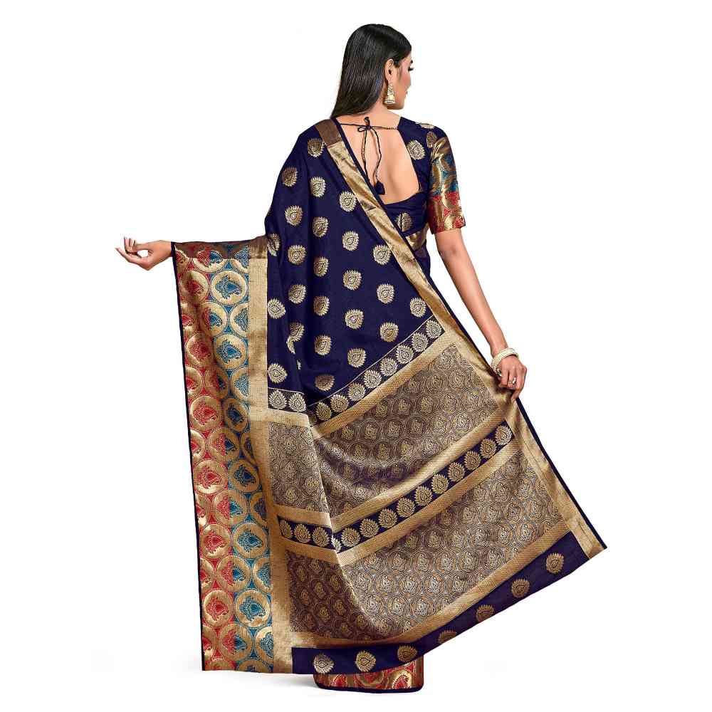 Mimosa Navy Blue Kanjivaram Style Art Silk Saree  With Unstitched Blouse