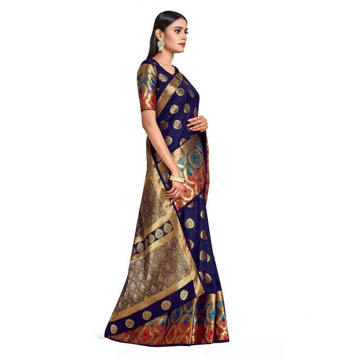 Mimosa Navy Blue Kanjivaram Style Art Silk Saree  With Unstitched Blouse