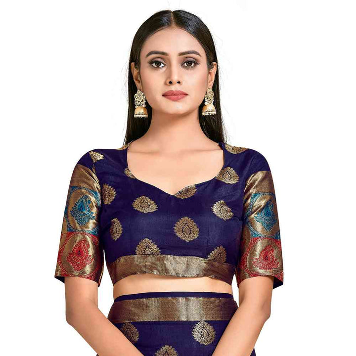 Mimosa Navy Blue Kanjivaram Style Art Silk Saree  With Unstitched Blouse