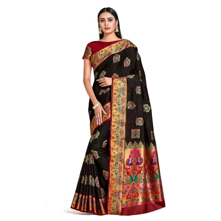 Mimosa Black Dharmavaram Style Art Silk Saree  With Unstitched Blouse