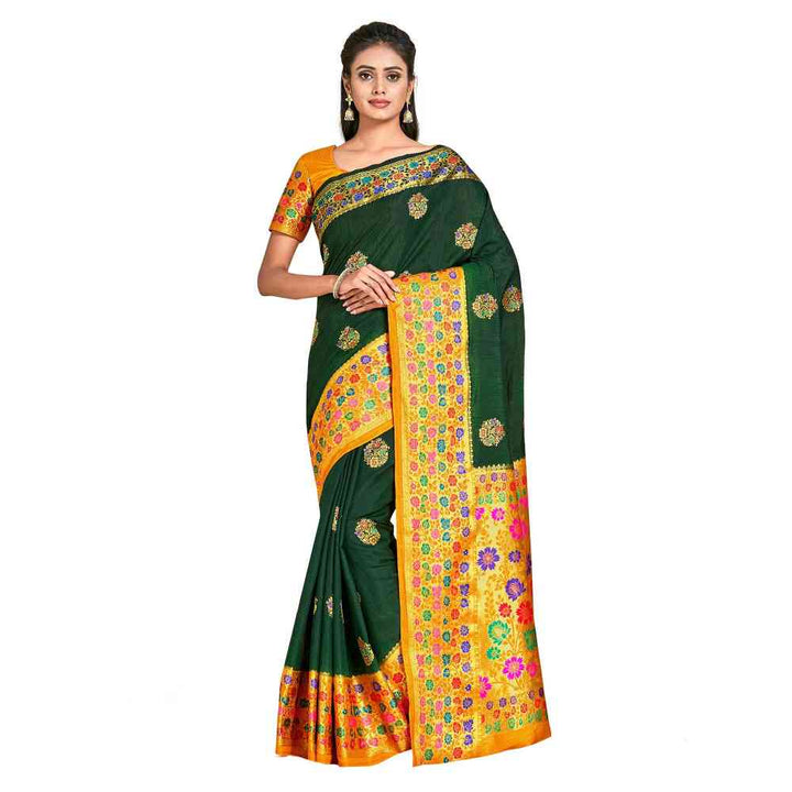 Mimosa Green Dharmavaram Style Art Silk Saree  With Unstitched Blouse