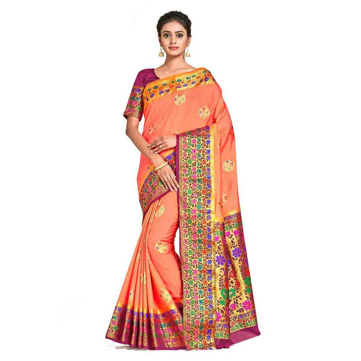 Mimosa Orange Dharmavaram Style Art Silk Saree  With Unstitched Blouse