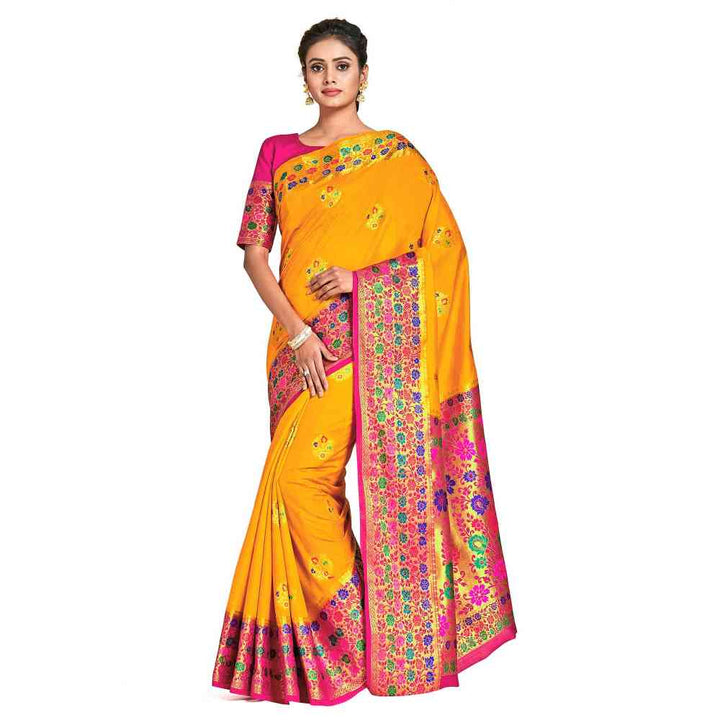 Mimosa Mustard Dharmavaram Style Art Silk Saree  With Unstitched Blouse