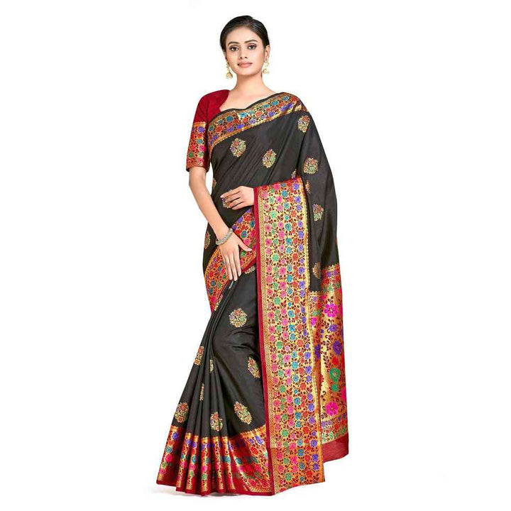 Mimosa Black Dharmavaram Style Art Silk Saree  With Unstitched Blouse