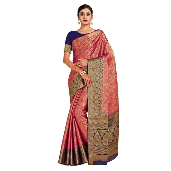 Mimosa Pink Kanjivaram Style Art Silk Saree  With Unstitched Blouse