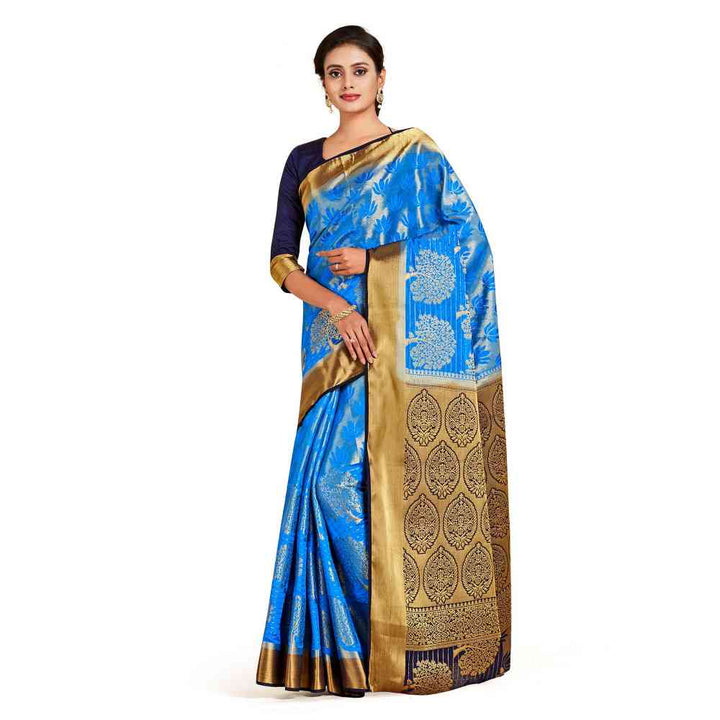 Mimosa Blue Kanjivaram Style Art Silk Saree  With Unstitched Blouse