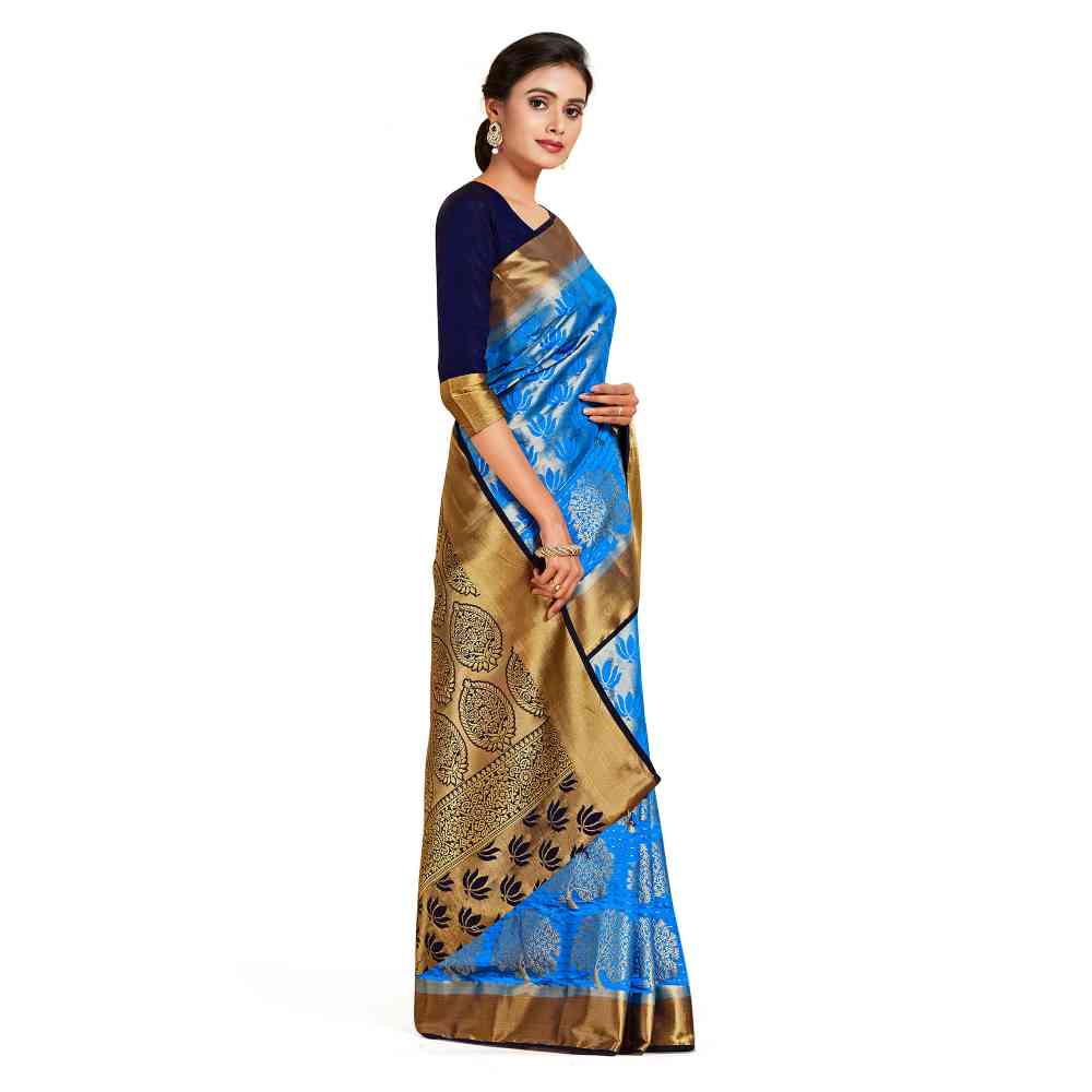 Mimosa Blue Kanjivaram Style Art Silk Saree  With Unstitched Blouse