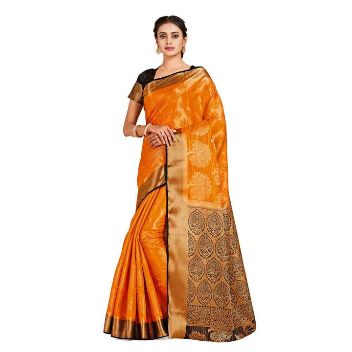 Mimosa Orange Kanjivaram Style Art Silk Saree  With Unstitched Blouse