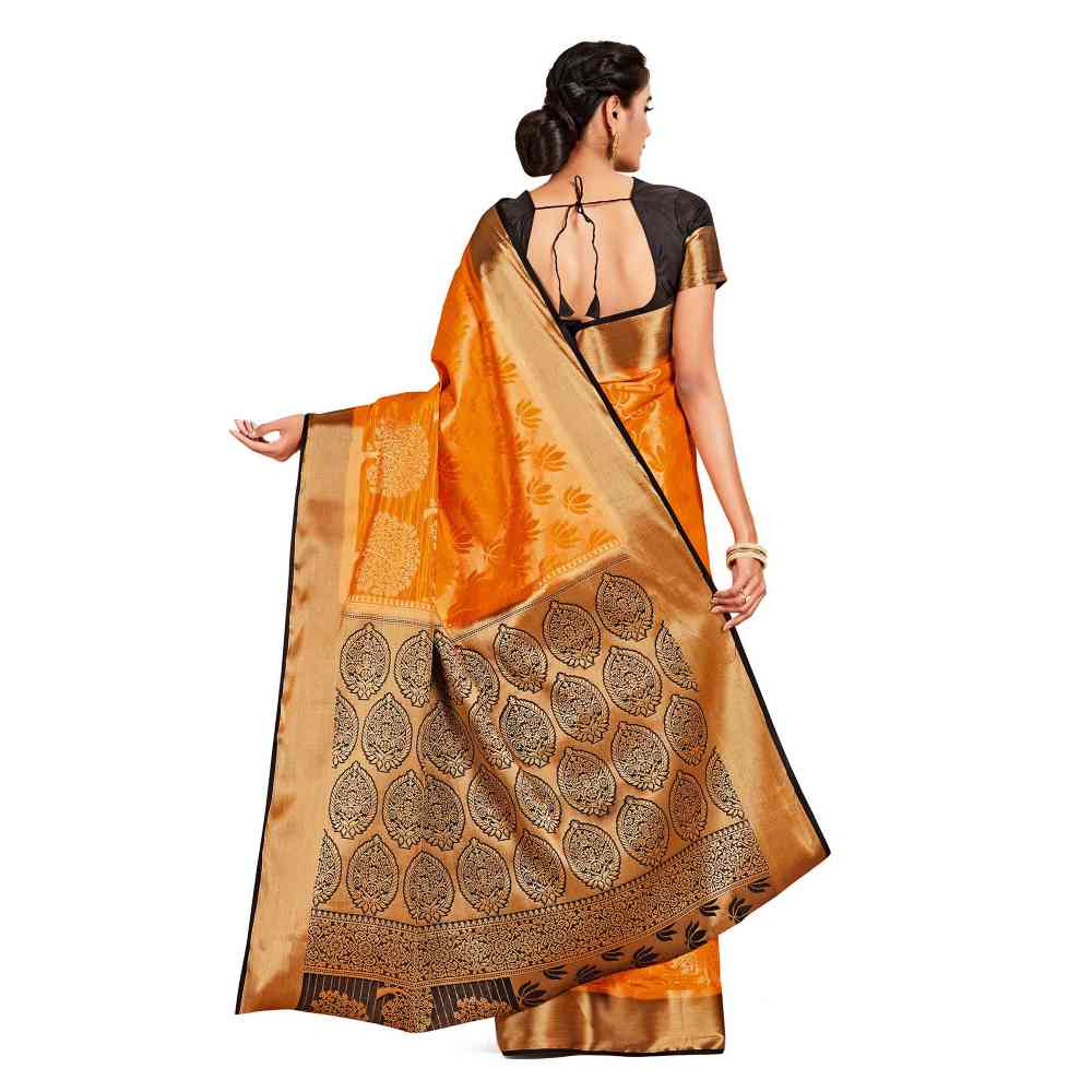 Mimosa Orange Kanjivaram Style Art Silk Saree  With Unstitched Blouse