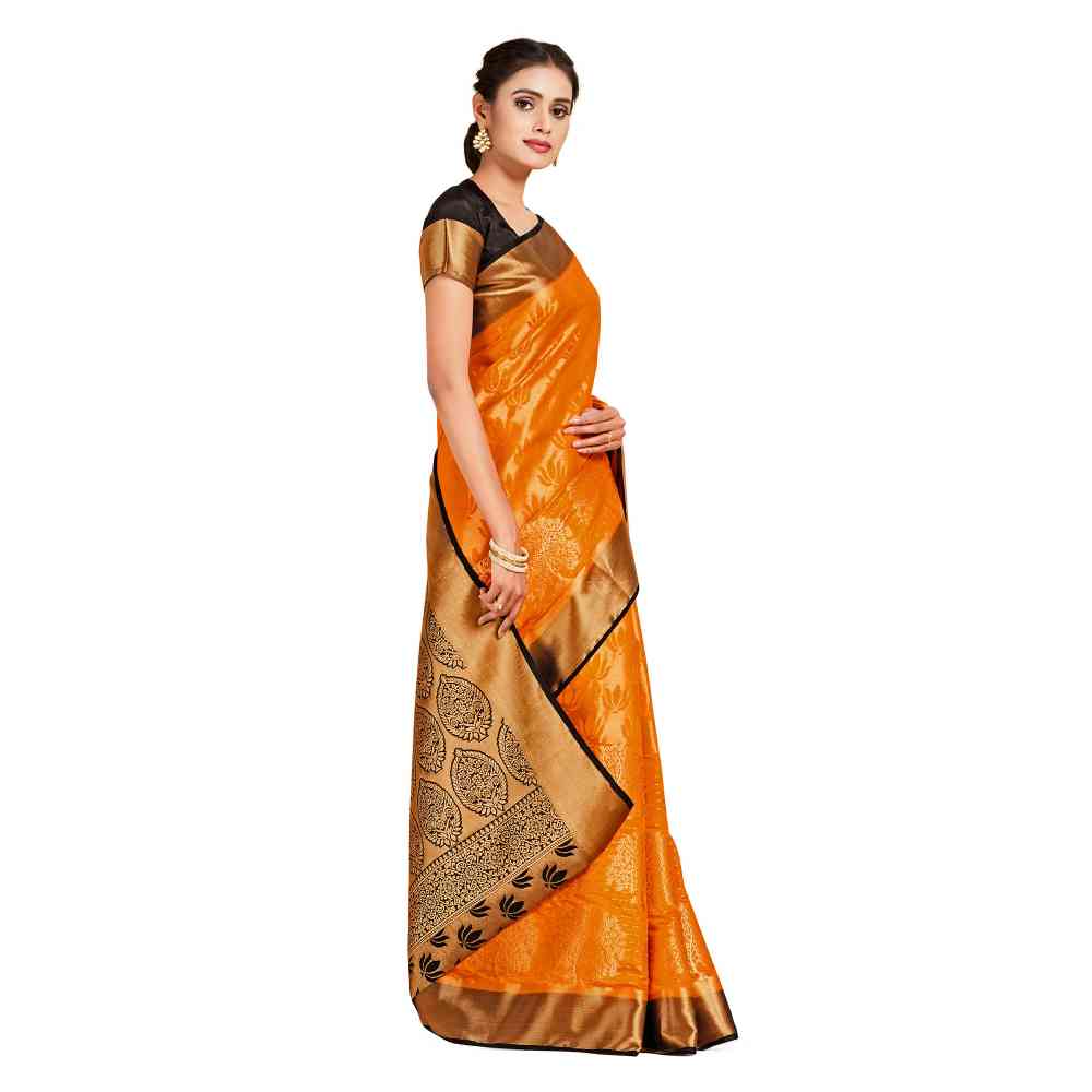 Mimosa Orange Kanjivaram Style Art Silk Saree  With Unstitched Blouse