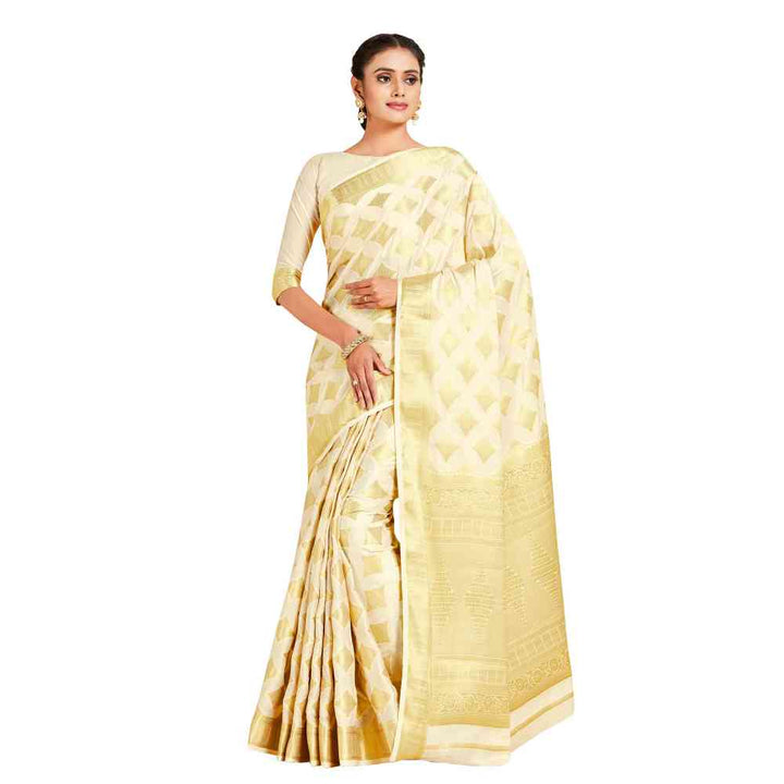 Mimosa Beige Mysore Silk Style Crepe Saree  With Unstitched Blouse