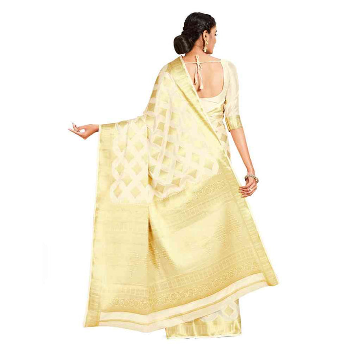 Mimosa Beige Mysore Silk Style Crepe Saree  With Unstitched Blouse