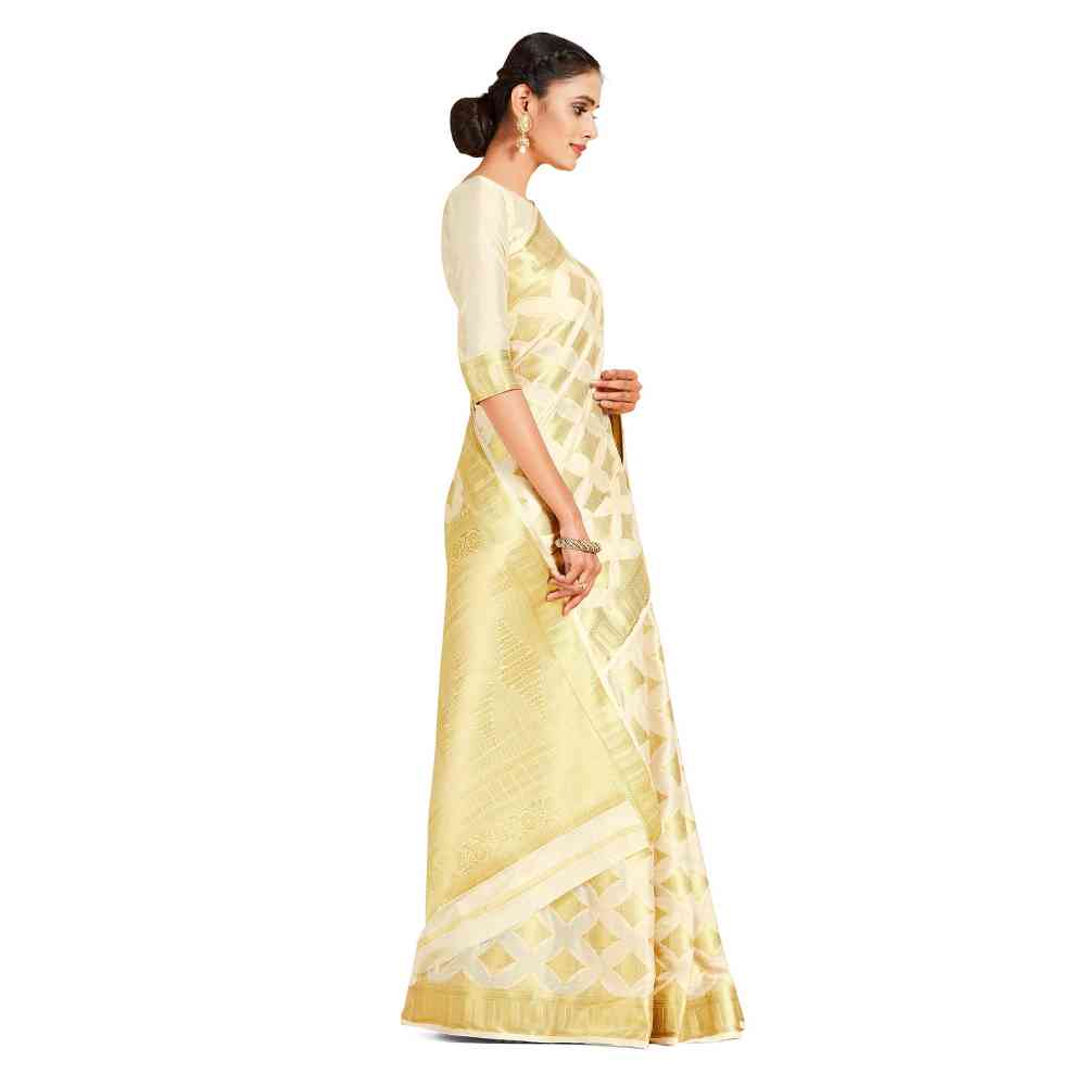 Mimosa Beige Mysore Silk Style Crepe Saree  With Unstitched Blouse