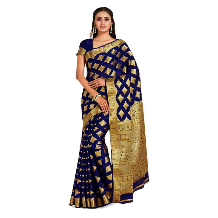 Mimosa Navy Blue Mysore Silk Style Crepe Saree  With Unstitched Blouse