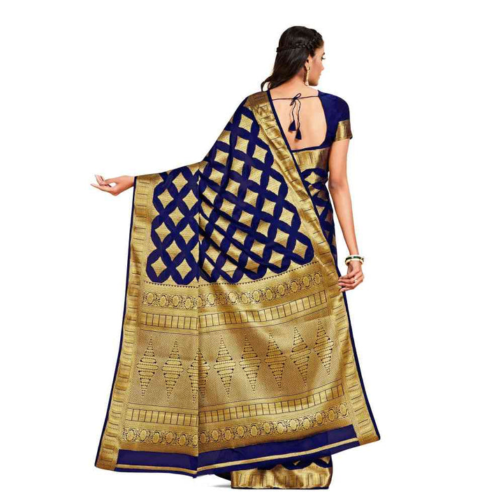 Mimosa Navy Blue Mysore Silk Style Crepe Saree  With Unstitched Blouse