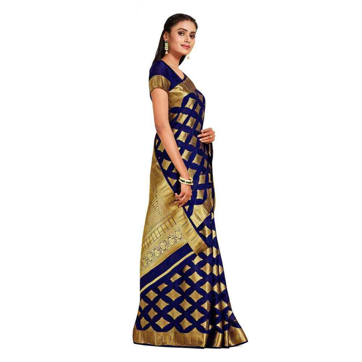 Mimosa Navy Blue Mysore Silk Style Crepe Saree  With Unstitched Blouse