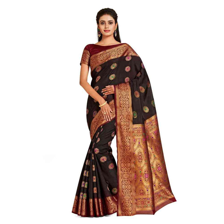 Mimosa Brown Dharmavaram Style Art Silk Saree  With Unstitched Blouse