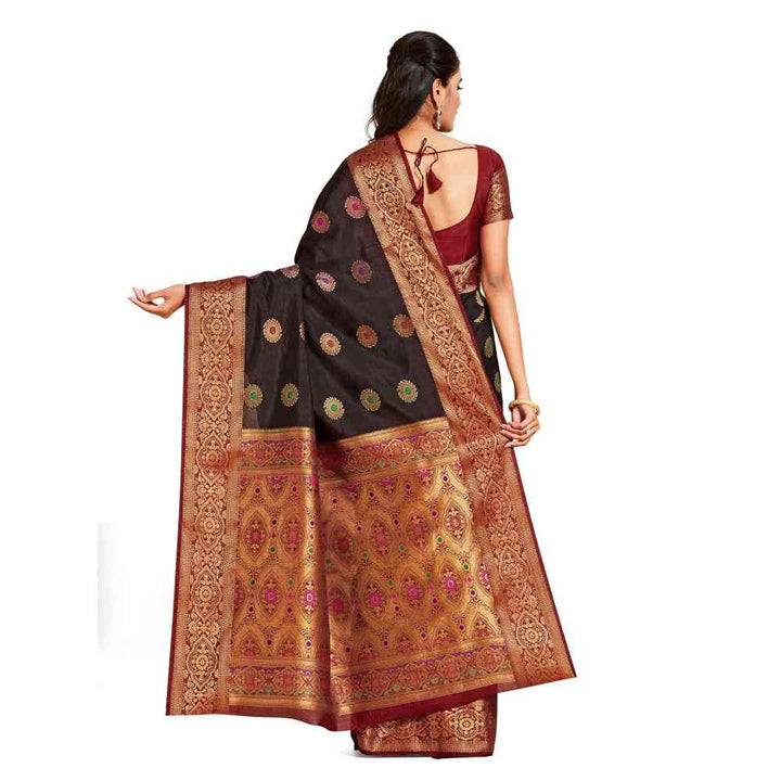 Mimosa Brown Dharmavaram Style Art Silk Saree  With Unstitched Blouse