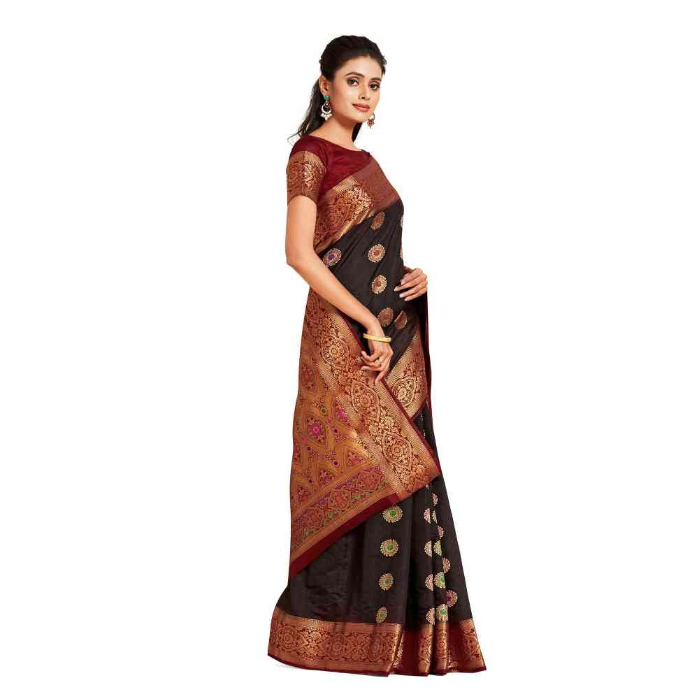 Mimosa Brown Dharmavaram Style Art Silk Saree  With Unstitched Blouse