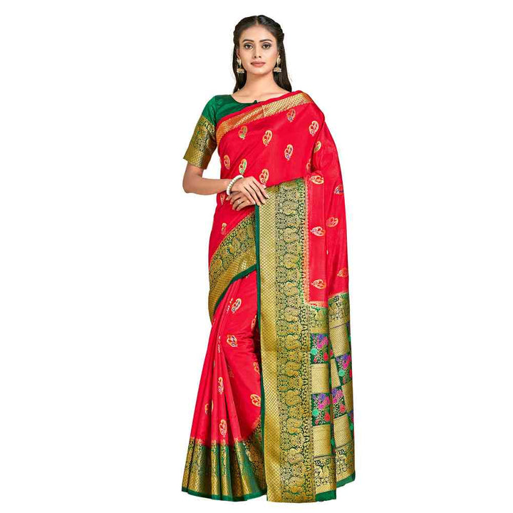 Mimosa Red Dharmavaram Style Art Silk Saree  With Unstitched Blouse