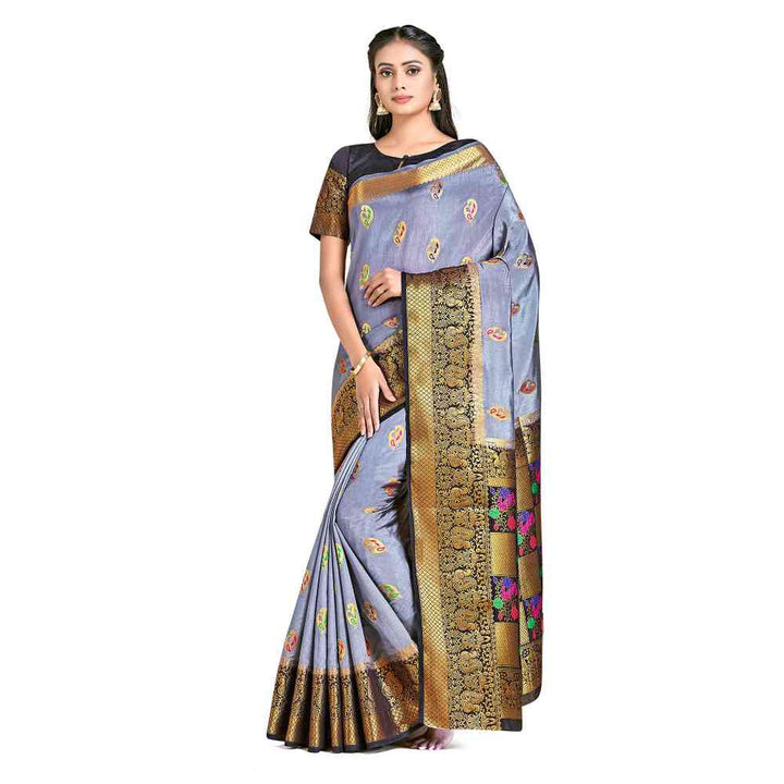 Mimosa Grey Dharmavaram Style Art Silk Saree  With Unstitched Blouse