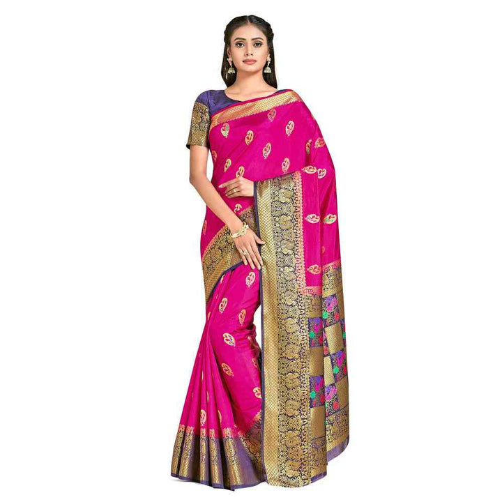 Mimosa Pink Dharmavaram Style Art Silk Saree  With Unstitched Blouse