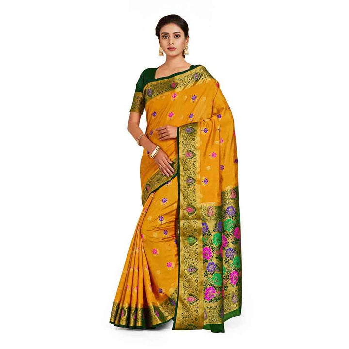 Mimosa Mustard Dharmavaram Style Art Silk Saree  With Unstitched Blouse