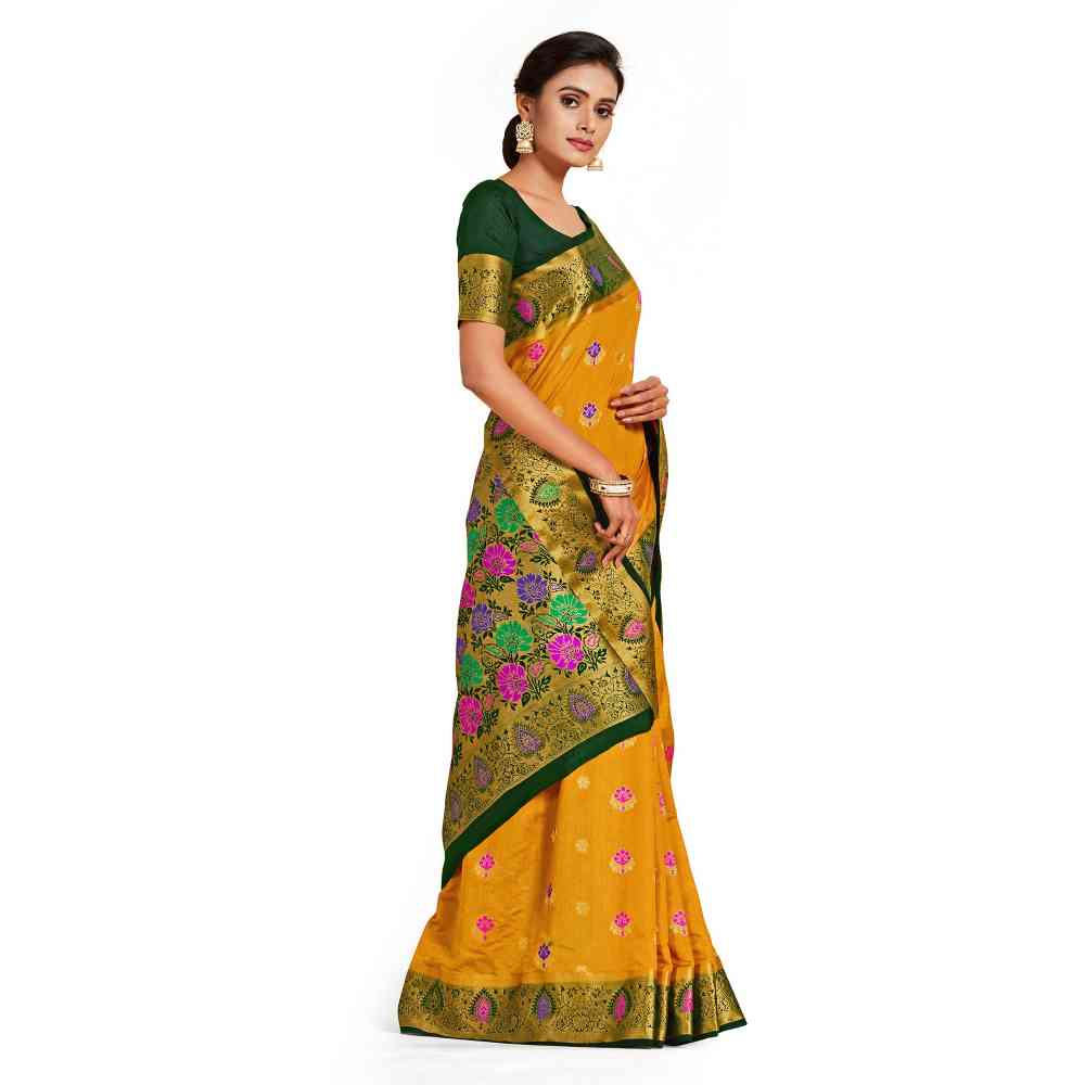 Mimosa Mustard Dharmavaram Style Art Silk Saree  With Unstitched Blouse