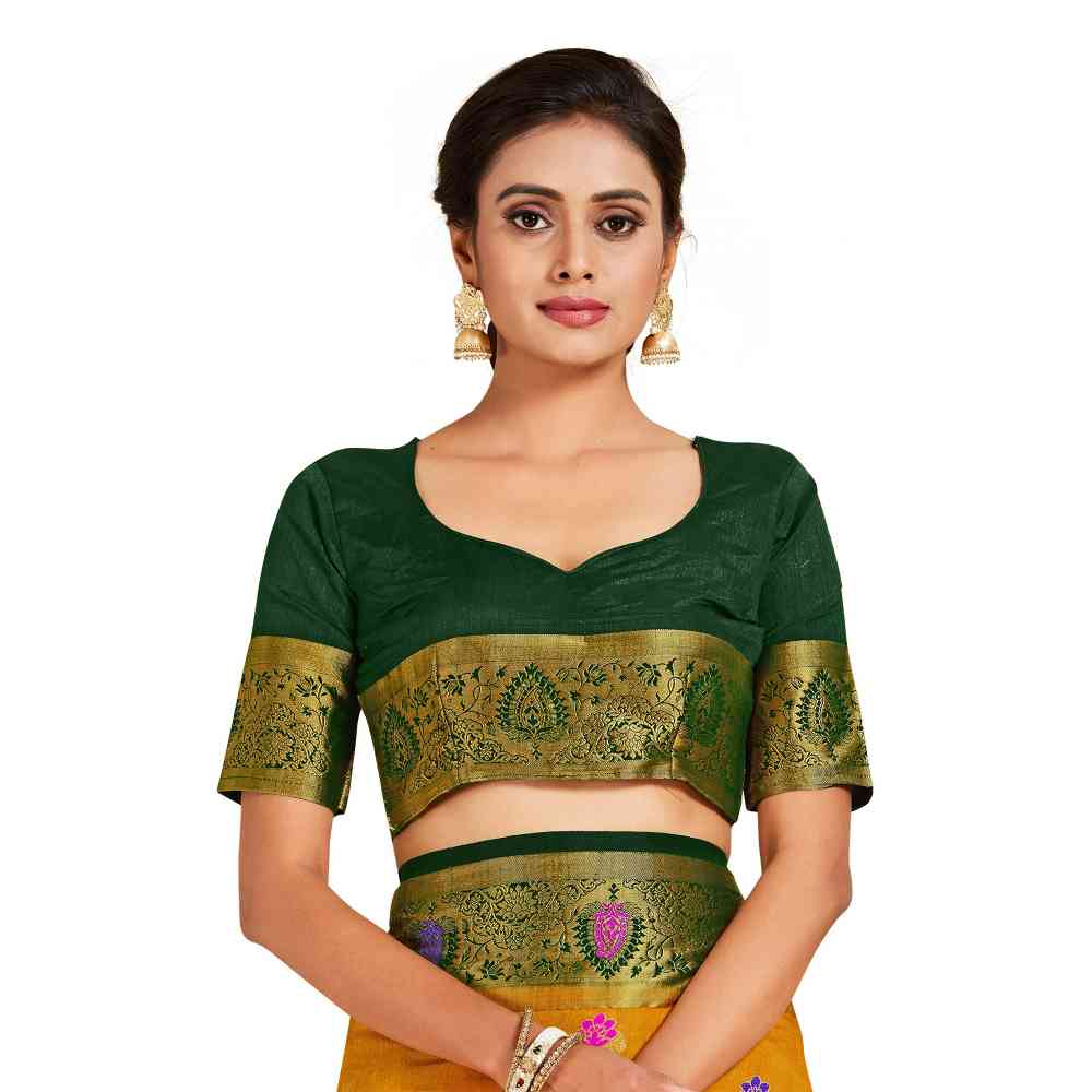 Mimosa Mustard Dharmavaram Style Art Silk Saree  With Unstitched Blouse