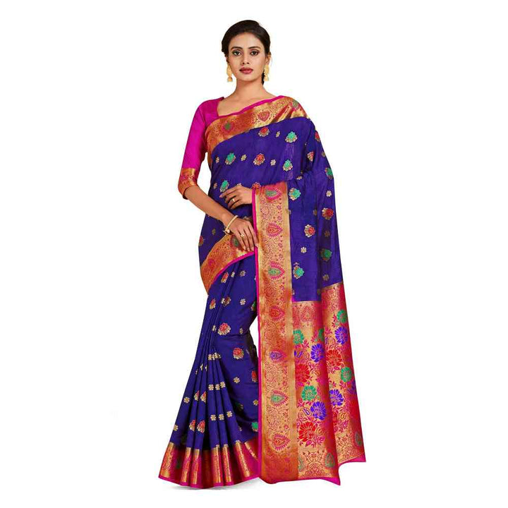 Mimosa Navy Blue Dharmavaram Style Art Silk Saree  With Unstitched Blouse