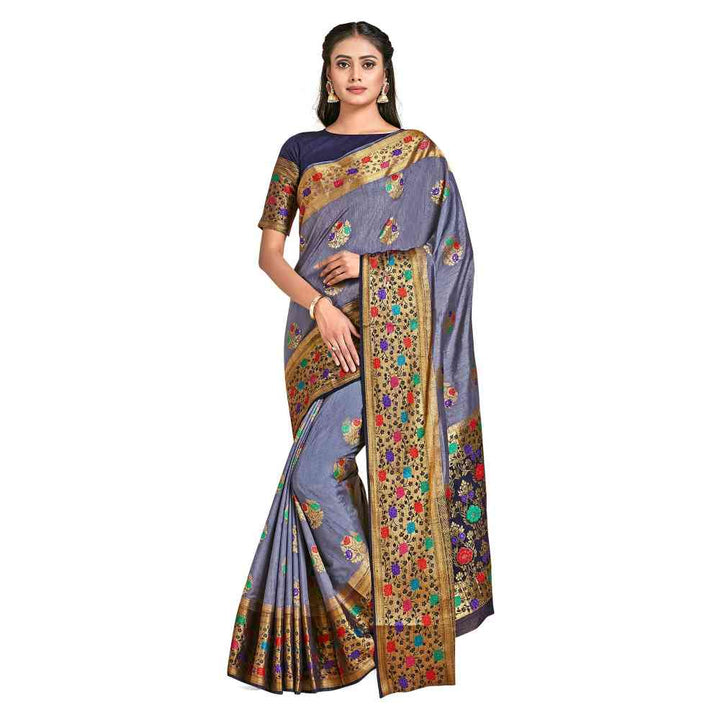 Mimosa Grey Dharmavaram Style Art Silk Saree  With Unstitched Blouse