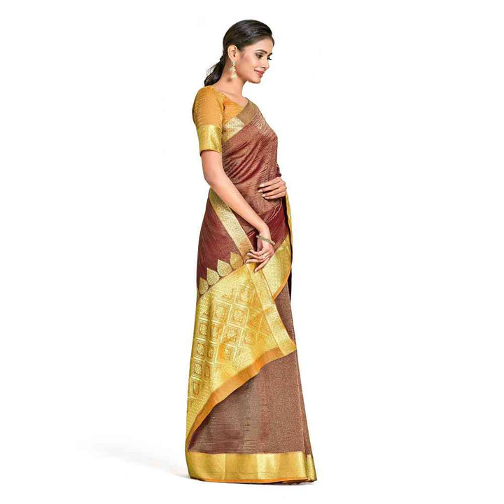 Mimosa Brown Kanjivaram Style Art Silk Saree  With Unstitched Blouse