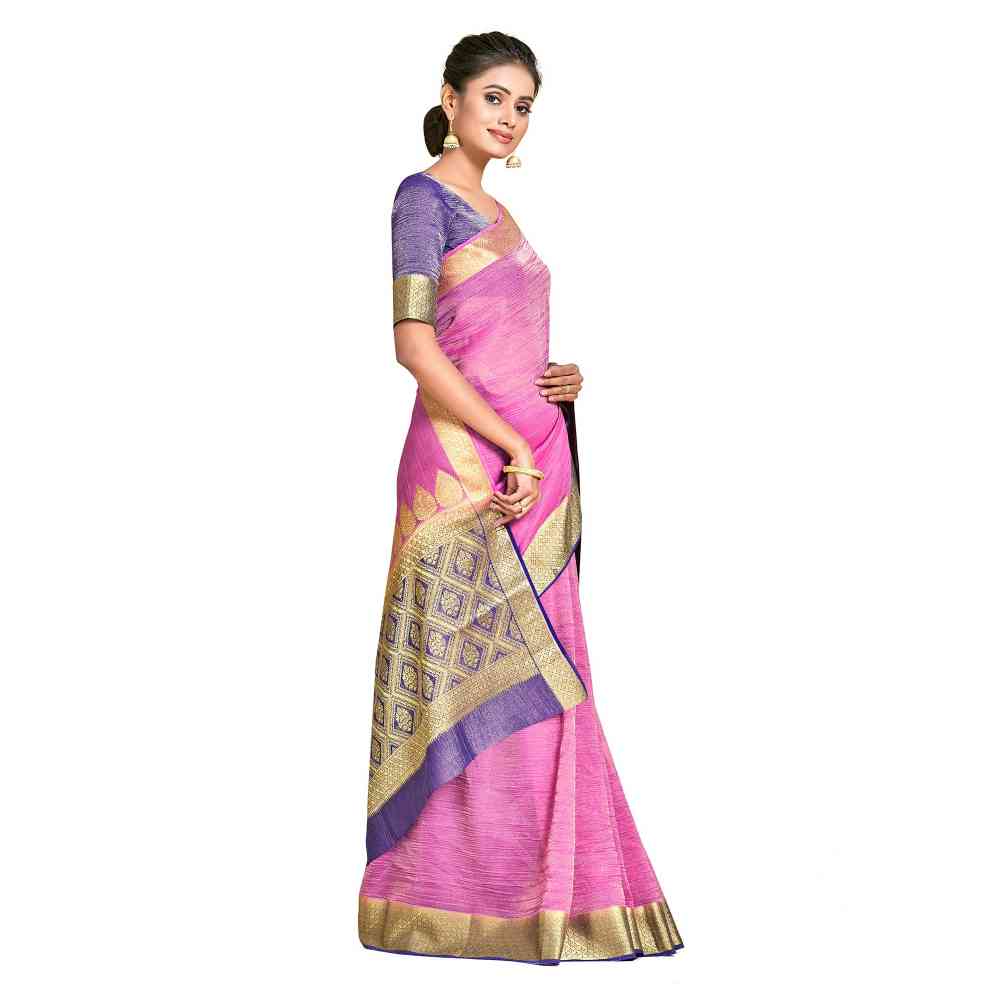 Mimosa Pink Kanjivaram Style Art Silk Saree  With Unstitched Blouse