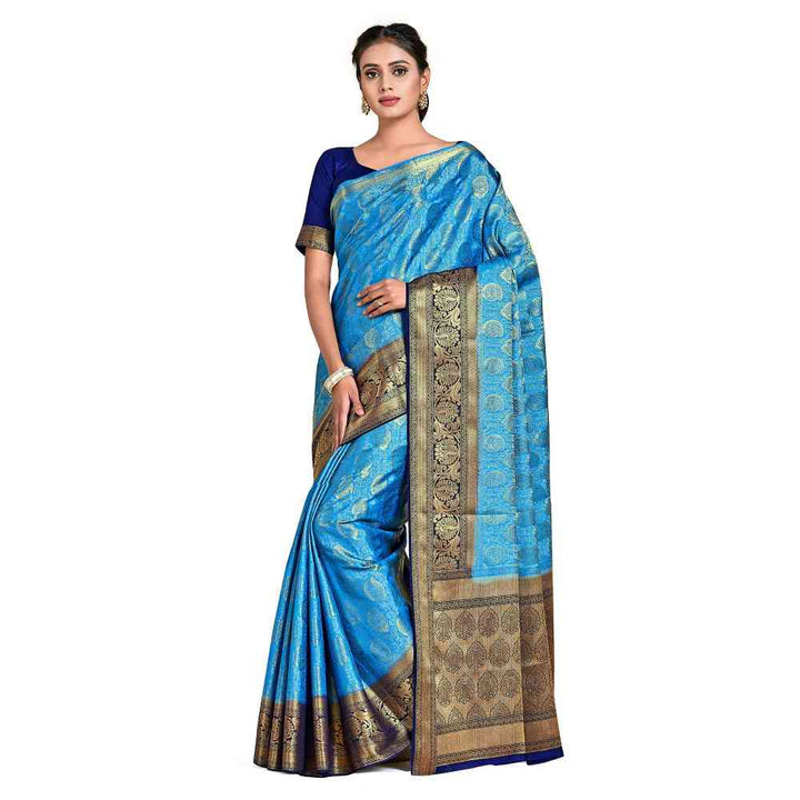 Mimosa Blue Kanjivaram Style Art Silk Saree  With Unstitched Blouse