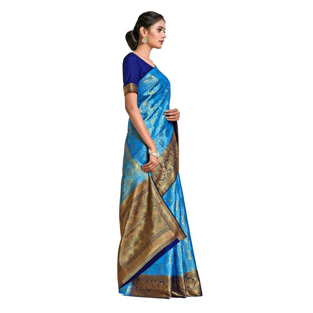 Mimosa Blue Kanjivaram Style Art Silk Saree  With Unstitched Blouse